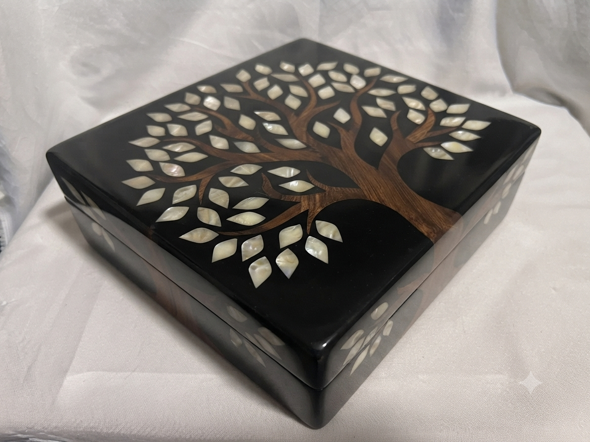 RB ARTISAN Black Resin Storage Box – Tree of Life Mother of Pearl 8x8x3 Inch RB ARTISAN handcrafted black resin storage box tree of life 8x8x3 inch natural wood trunk mother of pearl shell leaf inlay luxury jewellery keepsake box made in India