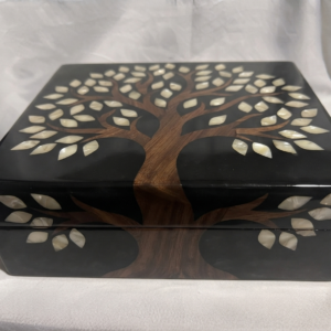RB ARTISAN handcrafted black resin storage box tree of life 8x8x3 inch natural wood trunk mother of pearl shell leaf inlay luxury jewellery keepsake box made in India