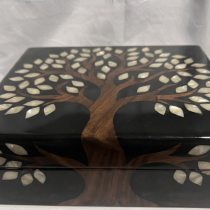RB ARTISAN handcrafted black resin storage box tree of life 8x8x3 inch natural wood trunk mother of pearl shell leaf inlay luxury jewellery keepsake box made in India