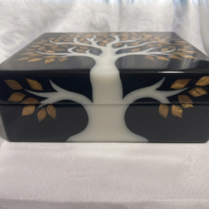 RB ARTISAN handcrafted black resin storage box tree of life 8x8x3 inch white tree trunk golden wood leaf inlay jewellery keepsake box made in India