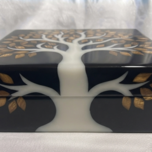 RB ARTISAN handcrafted black resin storage box tree of life 8x8x3 inch white tree trunk golden wood leaf inlay jewellery keepsake box made in India