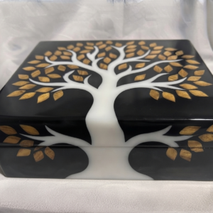 RB ARTISAN handcrafted black resin storage box tree of life 8x8x3 inch white tree trunk golden wood leaf inlay jewellery keepsake box made in India