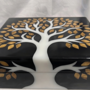 RB ARTISAN handcrafted black resin storage box tree of life 8x8x3 inch white tree trunk golden wood leaf inlay jewellery keepsake box made in India