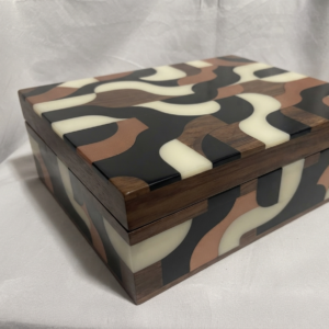 RB ARTISAN handcrafted mango wood resin storage box abstract wave retro swirl pattern 8x8x3 inch black cream brown jewellery keepsake box made in India