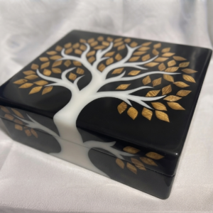 RB ARTISAN handcrafted black resin storage box tree of life 8x8x3 inch white tree trunk golden wood leaf inlay jewellery keepsake box made in India