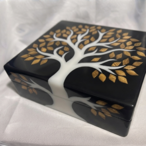 RB ARTISAN handcrafted black resin storage box tree of life 8x8x3 inch white tree trunk golden wood leaf inlay jewellery keepsake box made in India