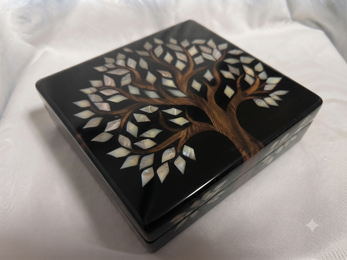 RB ARTISAN Black Resin Storage Box – Tree of Life Mother of Pearl 8x8x3 Inch RB ARTISAN handcrafted black resin storage box tree of life 8x8x3 inch natural wood trunk mother of pearl shell leaf inlay luxury jewellery keepsake box made in India