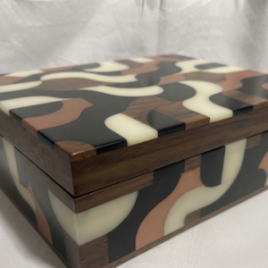 RB ARTISAN handcrafted mango wood resin storage box abstract wave retro swirl pattern 8x8x3 inch black cream brown jewellery keepsake box made in India