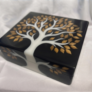 RB ARTISAN handcrafted black resin storage box tree of life 8x8x3 inch white tree trunk golden wood leaf inlay jewellery keepsake box made in India