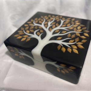 RB ARTISAN handcrafted black resin storage box tree of life 8x8x3 inch white tree trunk golden wood leaf inlay jewellery keepsake box made in India