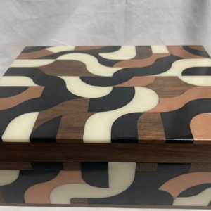 RB ARTISAN handcrafted mango wood resin storage box abstract wave retro swirl pattern 8x8x3 inch black cream brown jewellery keepsake box made in India