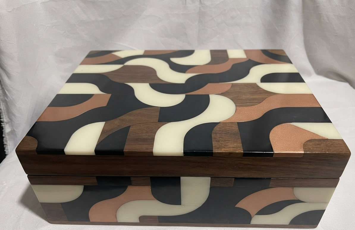 RB ARTISAN Mango Wood Resin Storage Box - Abstract Wave Pattern 8x8x3 Inch RB ARTISAN handcrafted mango wood resin storage box abstract wave retro swirl pattern 8x8x3 inch black cream brown jewellery keepsake box made in India