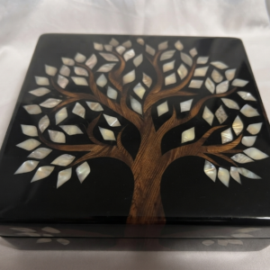 RB ARTISAN handcrafted black resin storage box tree of life 8x8x3 inch natural wood trunk mother of pearl shell leaf inlay luxury jewellery keepsake box made in India