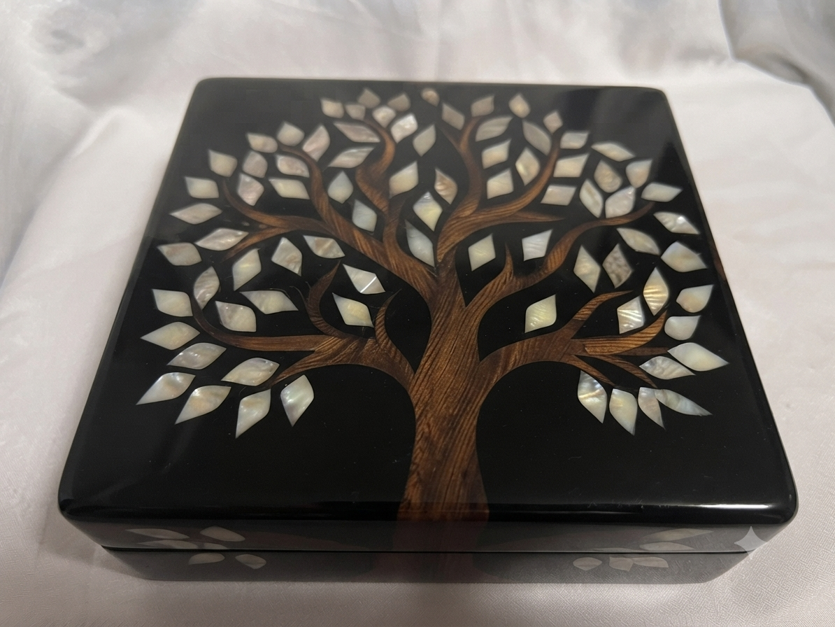 RB ARTISAN Black Resin Storage Box - Tree of Life Mother of Pearl 8x8x3 Inch RB ARTISAN handcrafted black resin storage box tree of life 8x8x3 inch natural wood trunk mother of pearl shell leaf inlay luxury jewellery keepsake box made in India