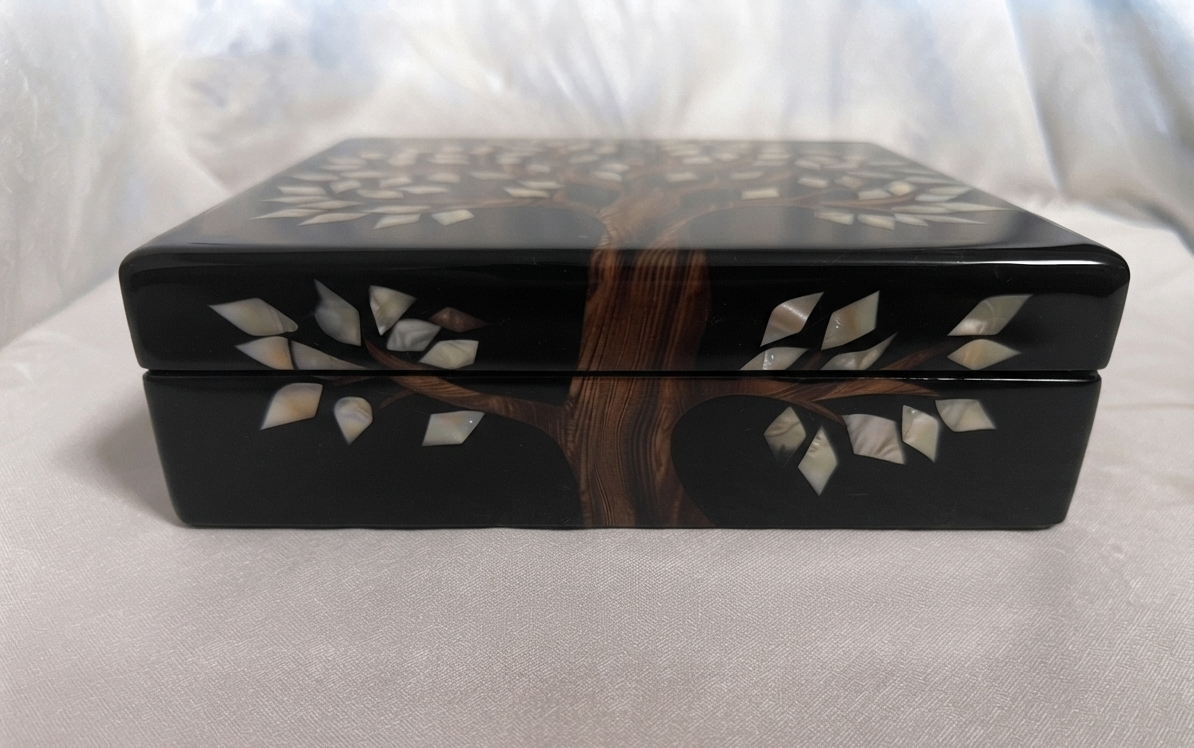 RB ARTISAN Black Resin Storage Box - Tree of Life Mother of Pearl 8x8x3 Inch RB ARTISAN handcrafted black resin storage box tree of life 8x8x3 inch natural wood trunk mother of pearl shell leaf inlay luxury jewellery keepsake box made in India