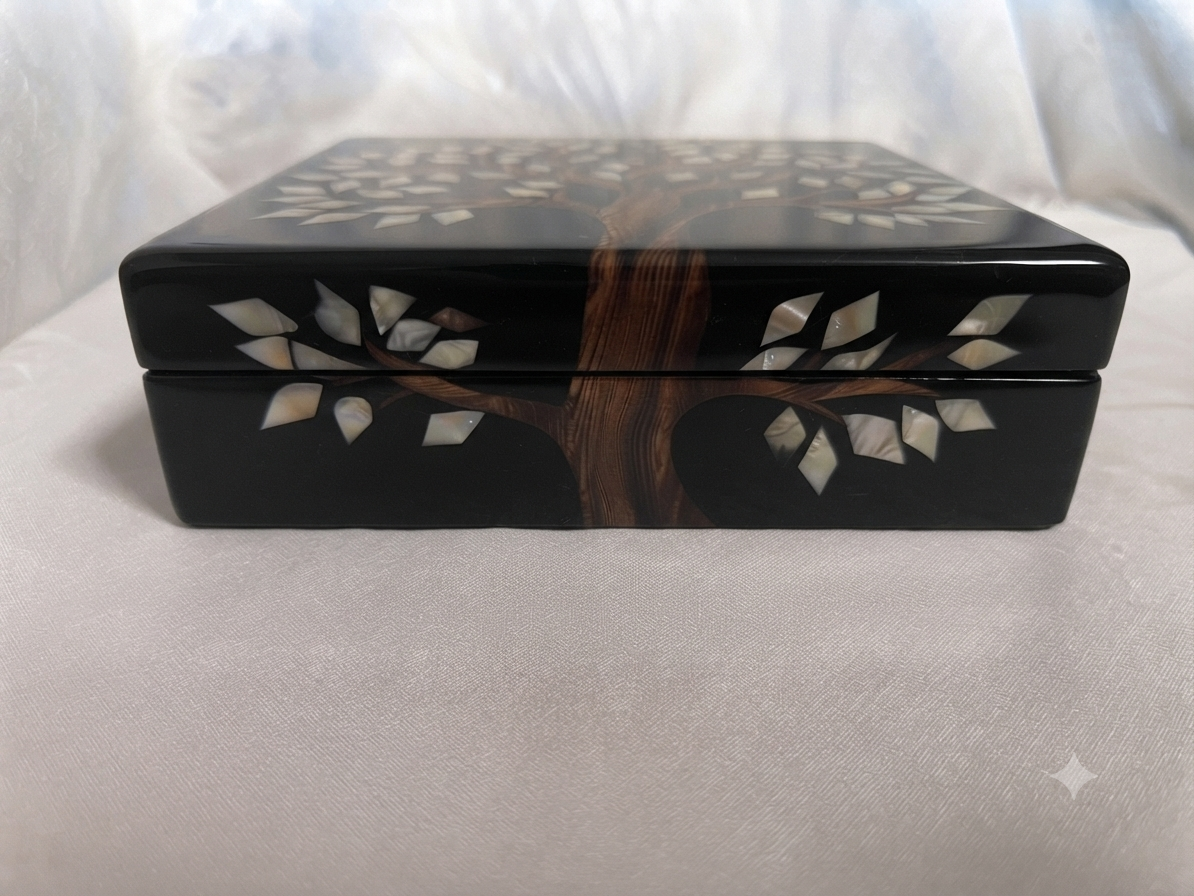 RB ARTISAN Black Resin Storage Box – Tree of Life Mother of Pearl 8x8x3 Inch RB ARTISAN handcrafted black resin storage box tree of life 8x8x3 inch natural wood trunk mother of pearl shell leaf inlay luxury jewellery keepsake box made in India