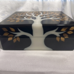 RB ARTISAN handcrafted black resin storage box tree of life 8x8x3 inch white tree trunk golden wood leaf inlay jewellery keepsake box made in India