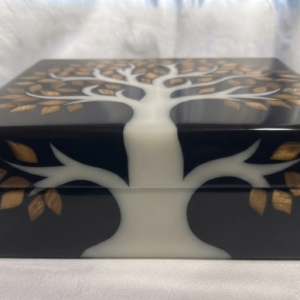 RB ARTISAN handcrafted black resin storage box tree of life 8x8x3 inch white tree trunk golden wood leaf inlay jewellery keepsake box made in India