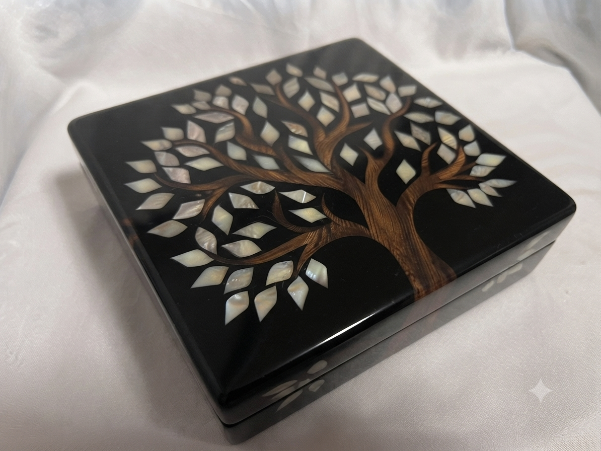RB ARTISAN Black Resin Storage Box – Tree of Life Mother of Pearl 8x8x3 Inch RB ARTISAN handcrafted black resin storage box tree of life 8x8x3 inch natural wood trunk mother of pearl shell leaf inlay luxury jewellery keepsake box made in India