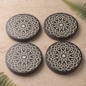 RB ARTISAN handcrafted black resin round coaster set 4 inch with wooden holder white moroccan star geometric mandala pattern pure resin made in India