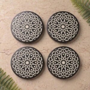 RB ARTISAN handcrafted black resin round coaster set 4 inch with wooden holder white moroccan star geometric mandala pattern pure resin made in India