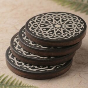 RB ARTISAN handcrafted black resin round coaster set 4 inch with wooden holder white moroccan star geometric mandala pattern pure resin made in India