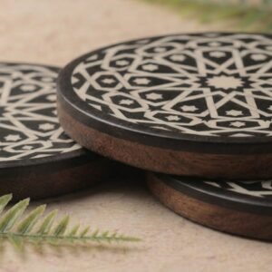 RB ARTISAN handcrafted black resin round coaster set 4 inch with wooden holder white moroccan star geometric mandala pattern pure resin made in India