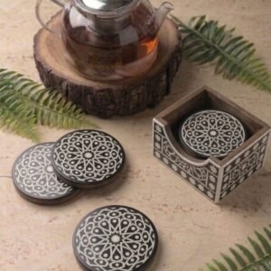 RB ARTISAN handcrafted black resin round coaster set 4 inch with wooden holder white moroccan star geometric mandala pattern pure resin made in India