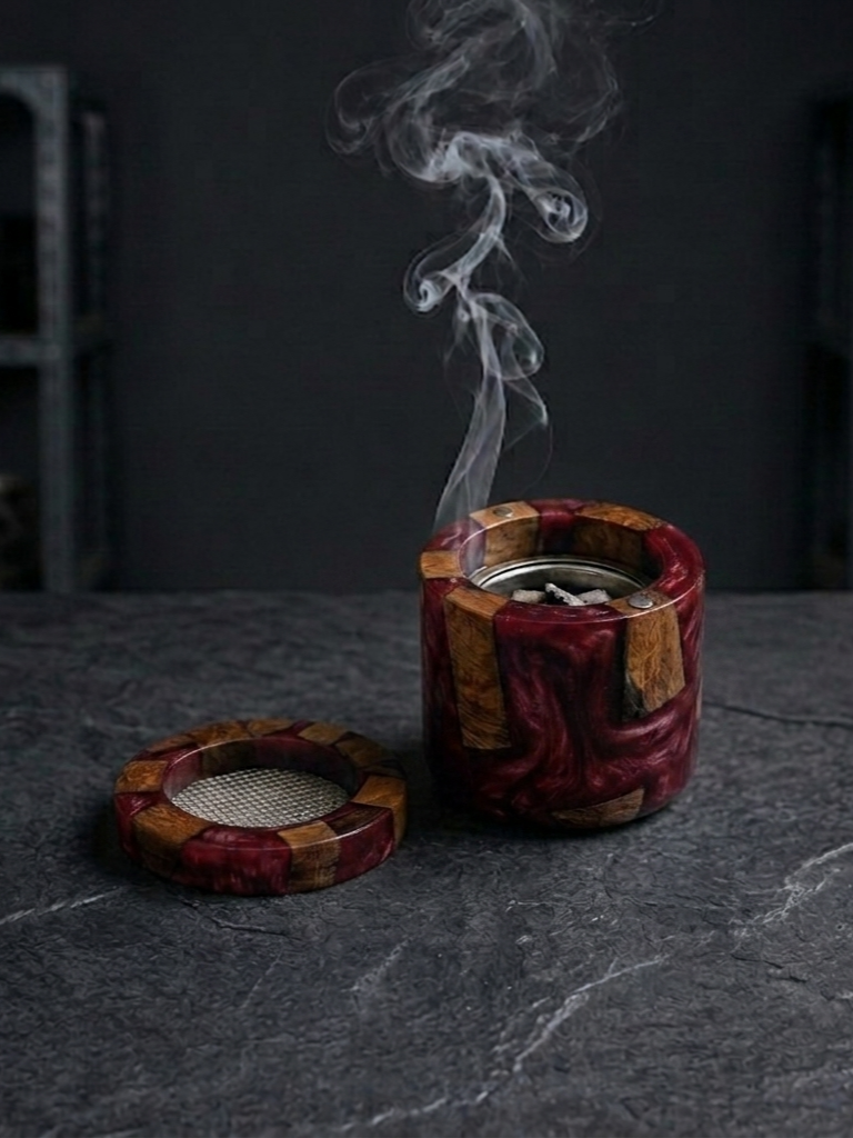 RB ARTISAN Red Maroon Resin Mango Wood Bakhoor Burner RB ARTISAN handcrafted red maroon resin mango wood bakhoor burner arabic incense burner metal mesh top home decor made in India