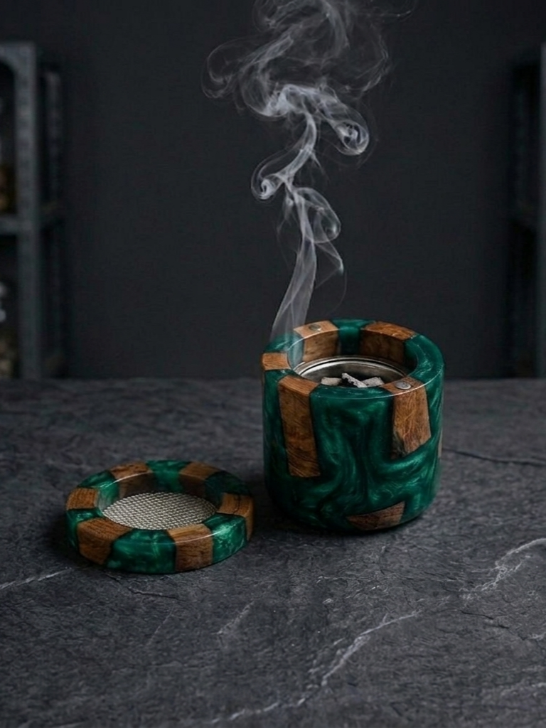 RB ARTISAN Green Resin Mango Wood Bakhoor Burner RB ARTISAN handcrafted emerald green resin mango wood bakhoor burner metal mesh top home decor spiritual gifting made in India