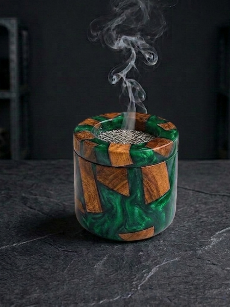 RB ARTISAN Green Resin Mango Wood Bakhoor Burner RB ARTISAN handcrafted emerald green resin mango wood bakhoor burner metal mesh top home decor spiritual gifting made in India