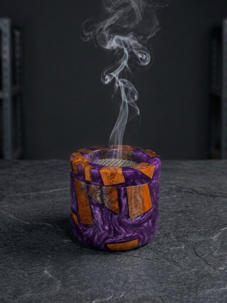 RB ARTISAN Purple Resin Mango Wood Bakhoor Burner RB ARTISAN handcrafted royal purple resin mango wood bakhoor burner metal mesh top home decor spiritual gifting made in India