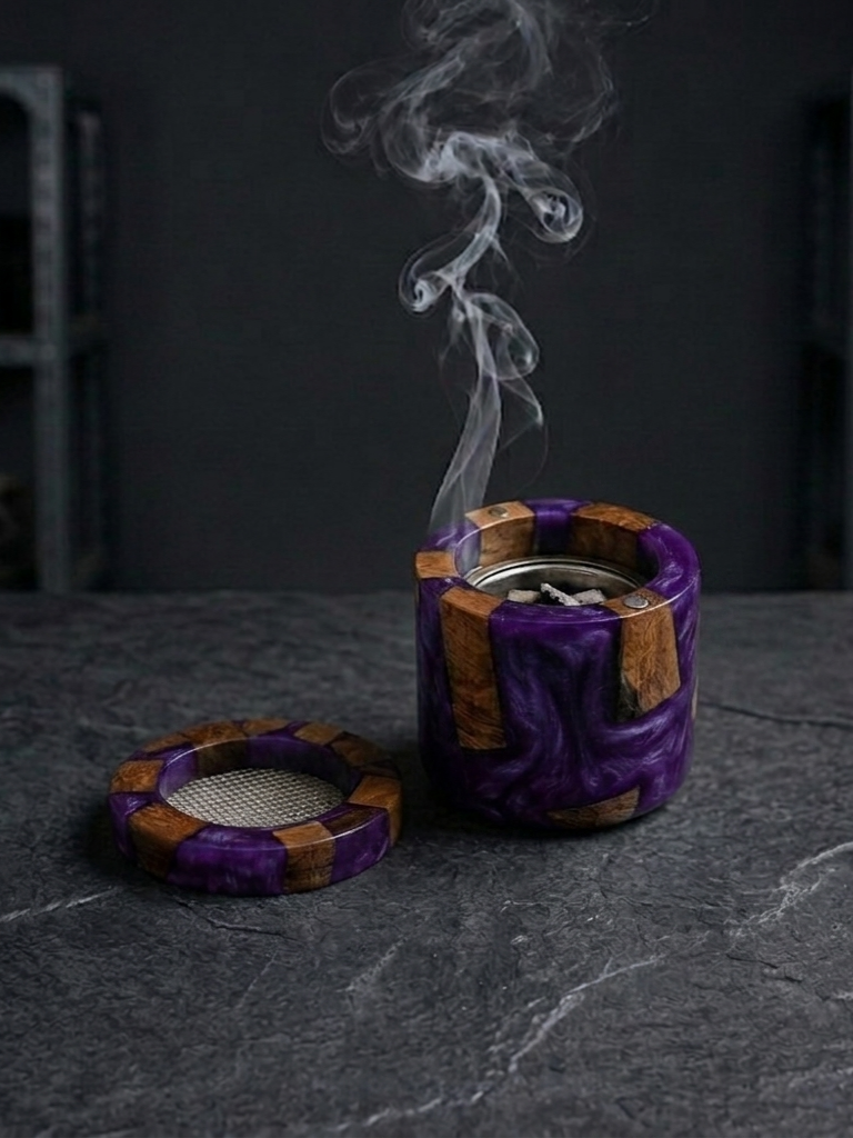RB ARTISAN Purple Resin Mango Wood Bakhoor Burner RB ARTISAN handcrafted royal purple resin mango wood bakhoor burner metal mesh top home decor spiritual gifting made in India