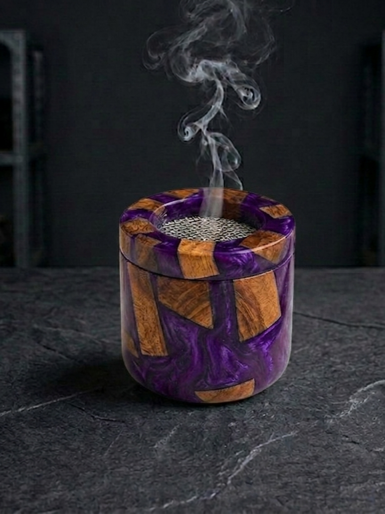 RB ARTISAN Purple Resin Mango Wood Bakhoor Burner RB ARTISAN handcrafted royal purple resin mango wood bakhoor burner metal mesh top home decor spiritual gifting made in India