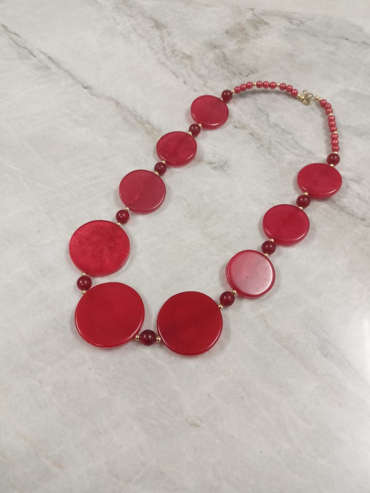 RB ARTISAN Red Coin Disc Resin Necklace – Gold Polish Beads RB ARTISAN handcrafted red coin disc resin necklace with gold polish metal beads bold statement jewellery made in India