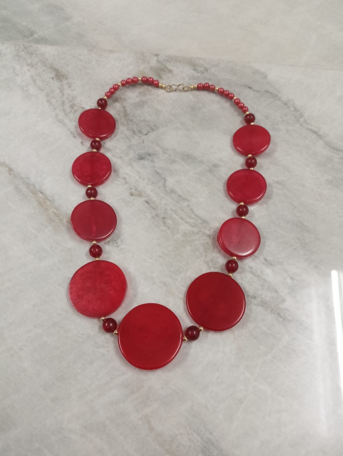 RB ARTISAN Red Coin Disc Resin Necklace - Gold Polish Beads RB ARTISAN handcrafted red coin disc resin necklace with gold polish metal beads bold statement jewellery made in India