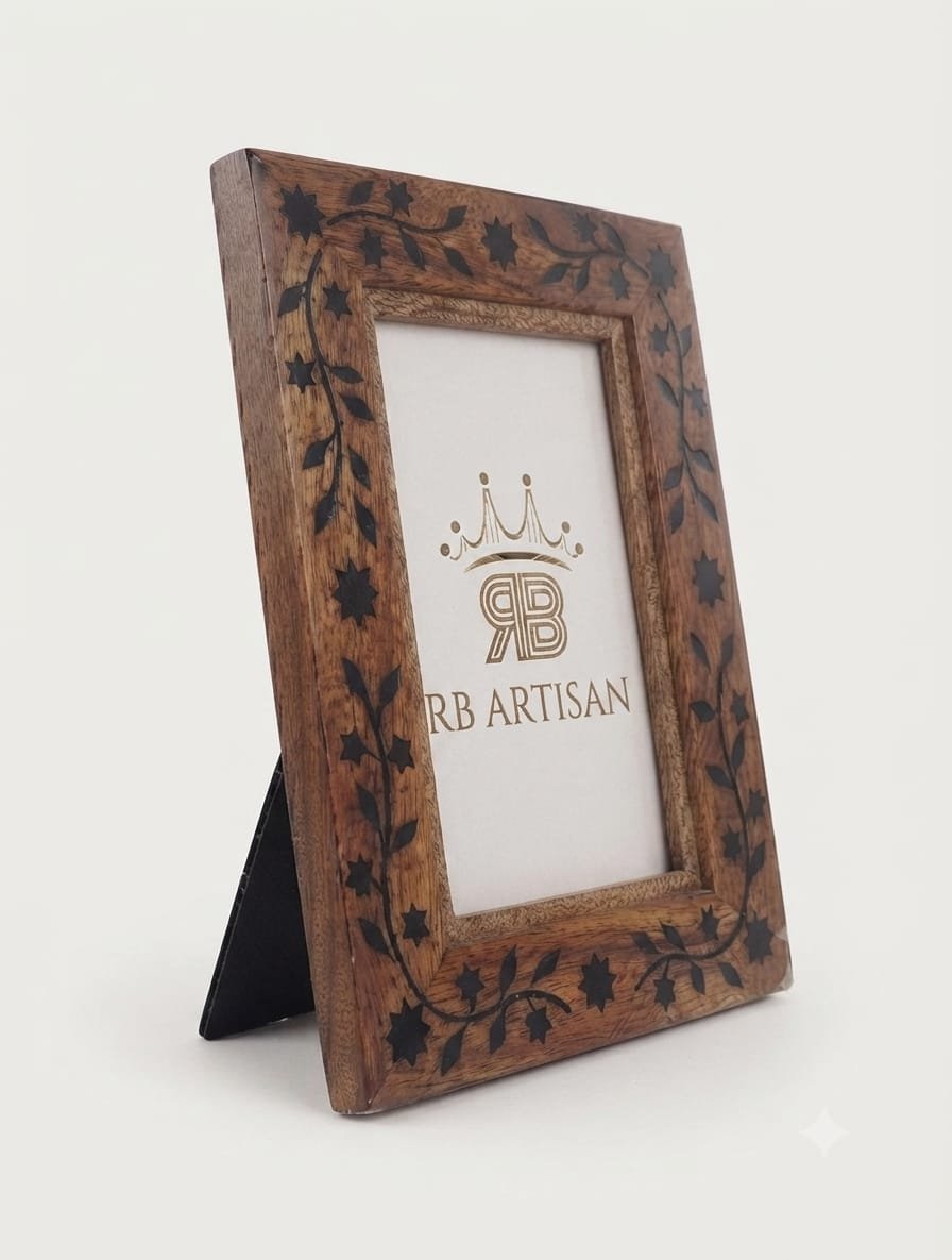 RB ARTISAN Wooden Photo Frame 7×5 – Black Resin Floral Vine & Star Inlay RB ARTISAN handcrafted mango wood photo frame 7x5 inch black resin floral vine leaf star inlay pattern picture frame made in India