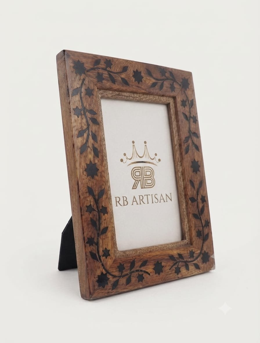 RB ARTISAN Wooden Photo Frame 7×5 – Black Resin Floral Vine & Star Inlay RB ARTISAN handcrafted mango wood photo frame 7x5 inch black resin floral vine leaf star inlay pattern picture frame made in India