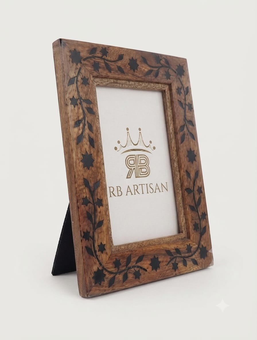 RB ARTISAN Wooden Photo Frame 7×5 – Black Resin Floral Vine & Star Inlay RB ARTISAN handcrafted mango wood photo frame 7x5 inch black resin floral vine leaf star inlay pattern picture frame made in India