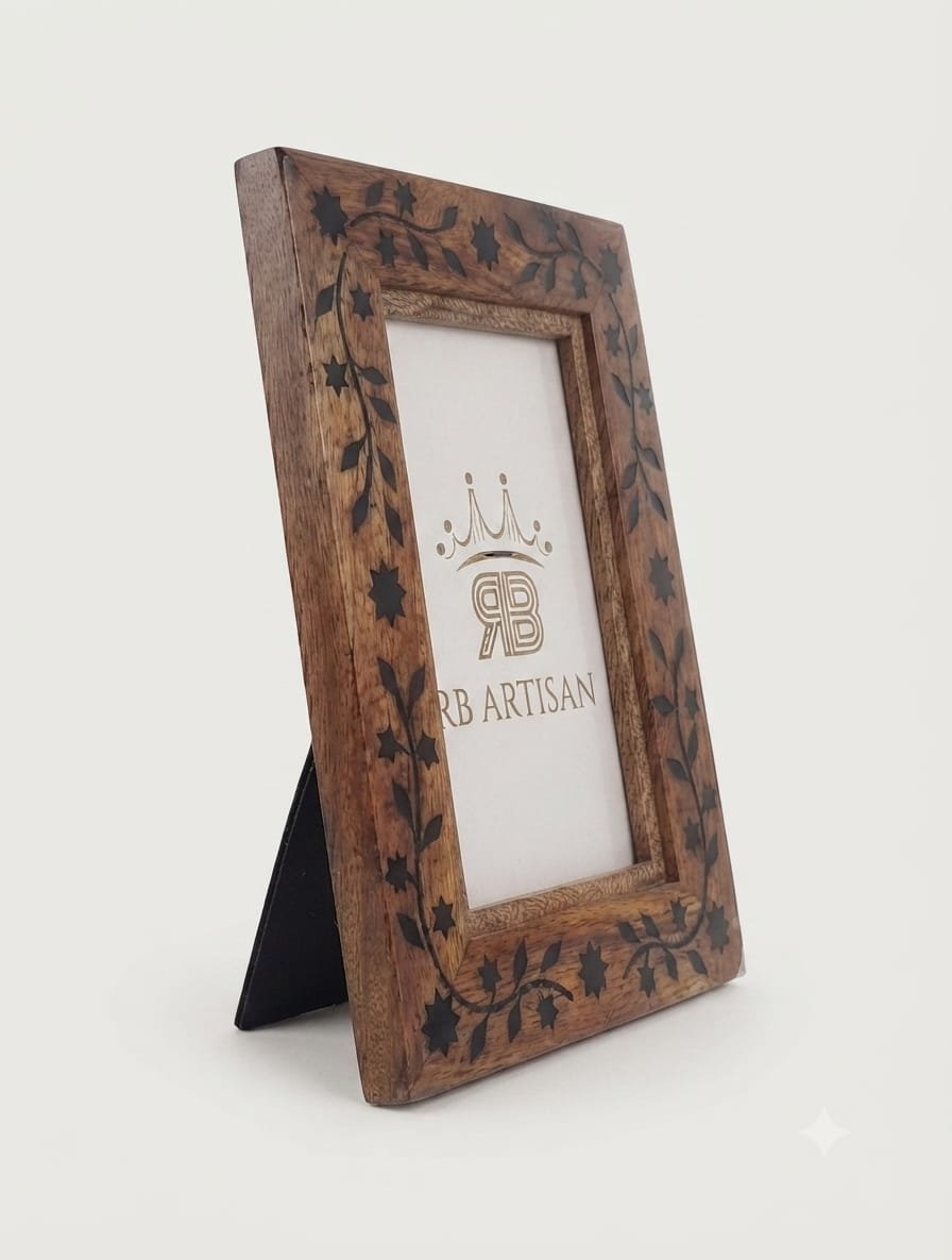 RB ARTISAN Wooden Photo Frame 7×5 – Black Resin Floral Vine & Star Inlay RB ARTISAN handcrafted mango wood photo frame 7x5 inch black resin floral vine leaf star inlay pattern picture frame made in India