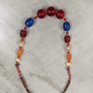 RB ARTISAN handcrafted multicolour resin wood mixed bead boho statement necklace red blue orange burgundy wood beads gold spacers made in India