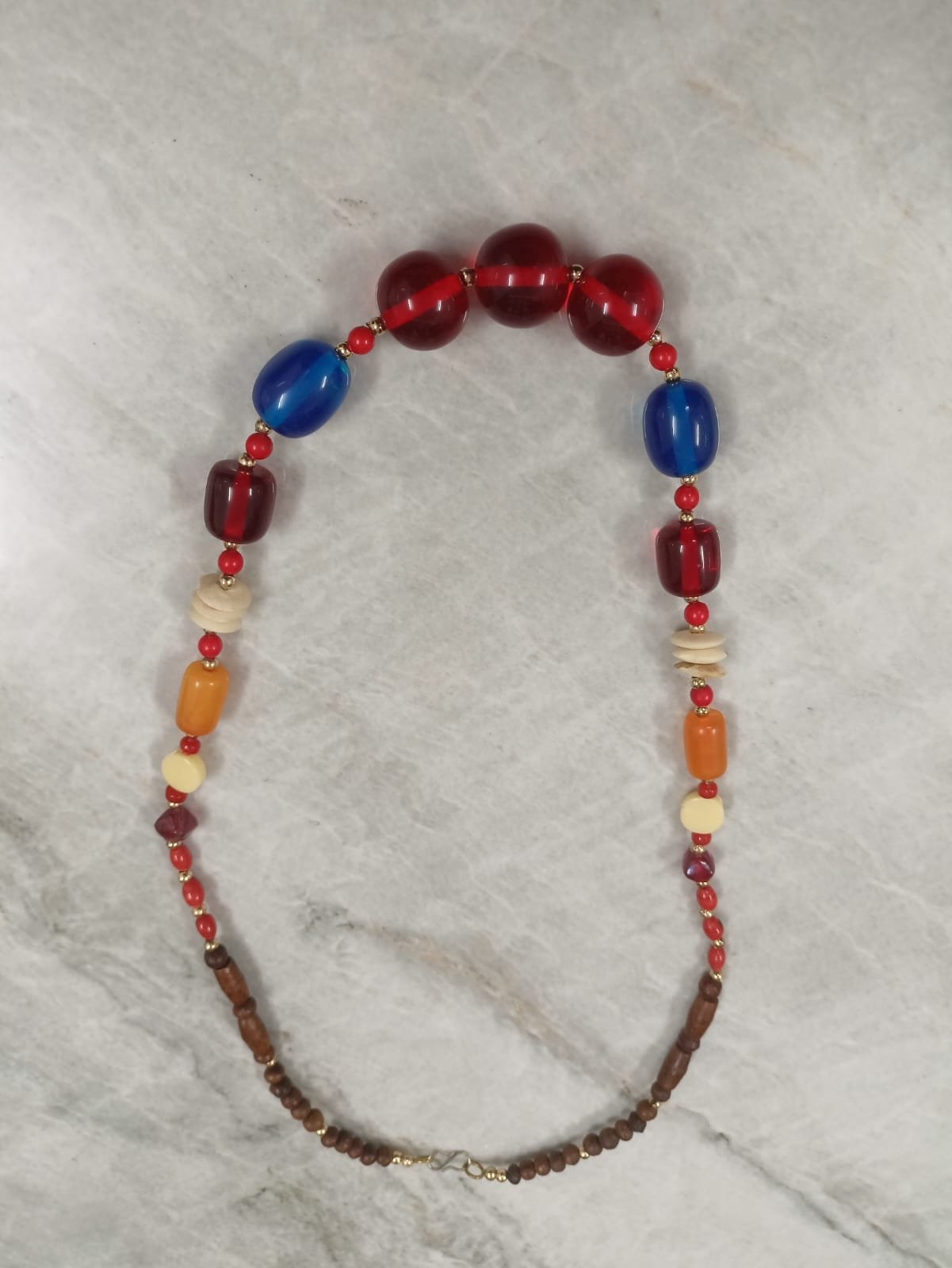 RB ARTISAN Multicolour Resin Wood Mixed Bead Boho Statement Necklace RB ARTISAN handcrafted multicolour resin wood mixed bead boho statement necklace red blue orange burgundy wood beads gold spacers made in India