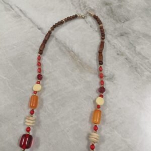 RB ARTISAN handcrafted multicolour resin wood mixed bead boho statement necklace red blue orange burgundy wood beads gold spacers made in India
