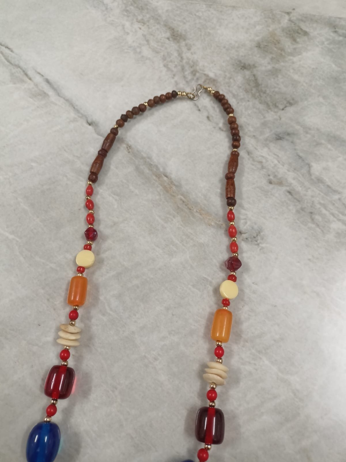 RB ARTISAN Multicolour Resin Wood Mixed Bead Boho Statement Necklace RB ARTISAN handcrafted multicolour resin wood mixed bead boho statement necklace red blue orange burgundy wood beads gold spacers made in India