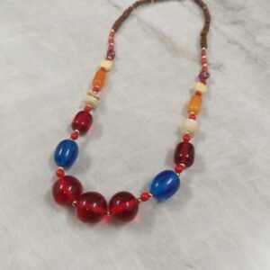 RB ARTISAN handcrafted multicolour resin wood mixed bead boho statement necklace red blue orange burgundy wood beads gold spacers made in India
