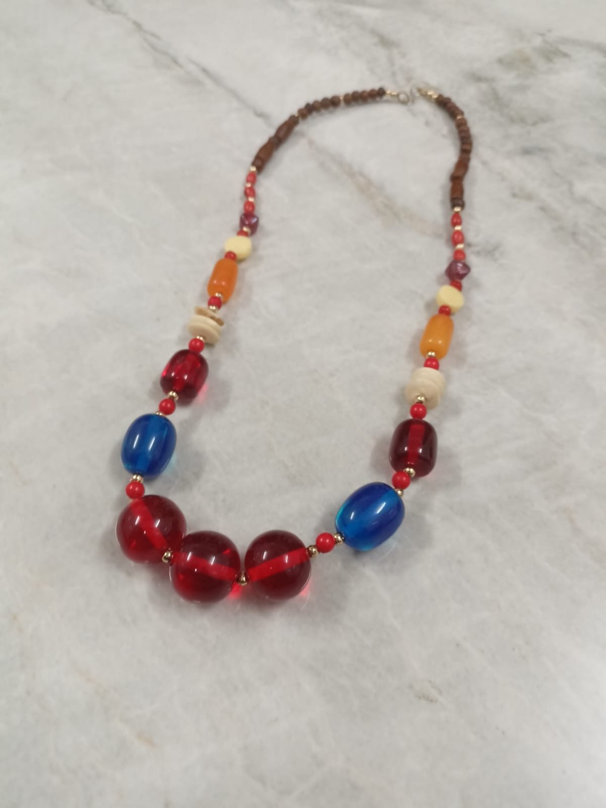 RB ARTISAN Multicolour Resin Wood Mixed Bead Boho Statement Necklace RB ARTISAN handcrafted multicolour resin wood mixed bead boho statement necklace red blue orange burgundy wood beads gold spacers made in India
