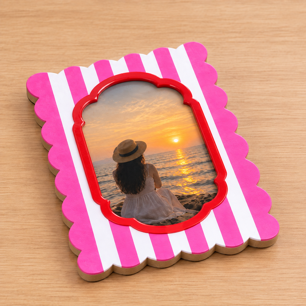 RB ARTISAN Pink White Stripe Scallop Resin Photo Frame RB ARTISAN handcrafted pink white stripe scallop edge resin photo frame red ornate aperture cute picture frame home decor made in India