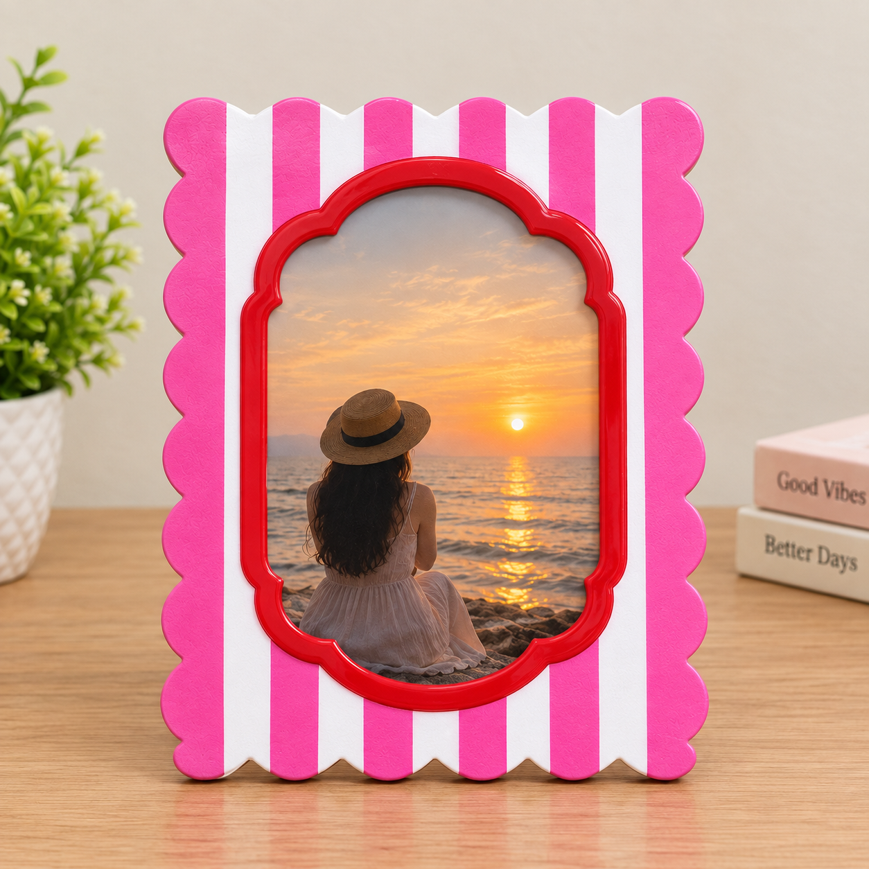 RB ARTISAN Pink White Stripe Scallop Resin Photo Frame RB ARTISAN handcrafted pink white stripe scallop edge resin photo frame red ornate aperture cute picture frame home decor made in India