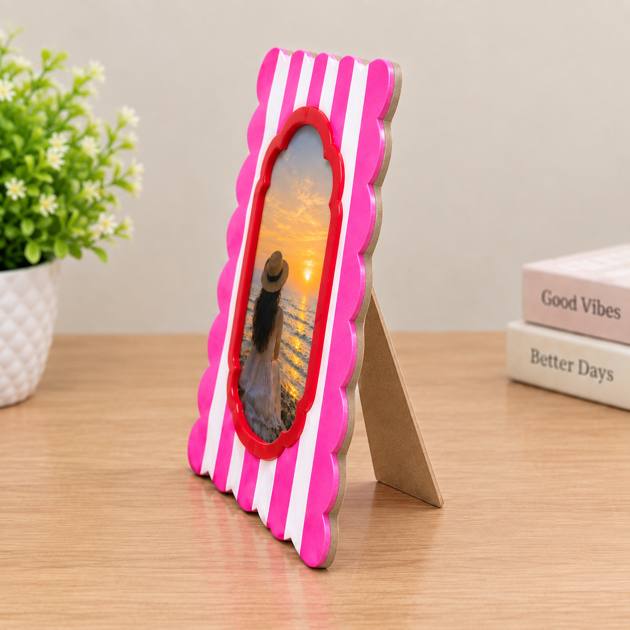 RB ARTISAN Pink White Stripe Scallop Resin Photo Frame RB ARTISAN handcrafted pink white stripe scallop edge resin photo frame red ornate aperture cute picture frame home decor made in India