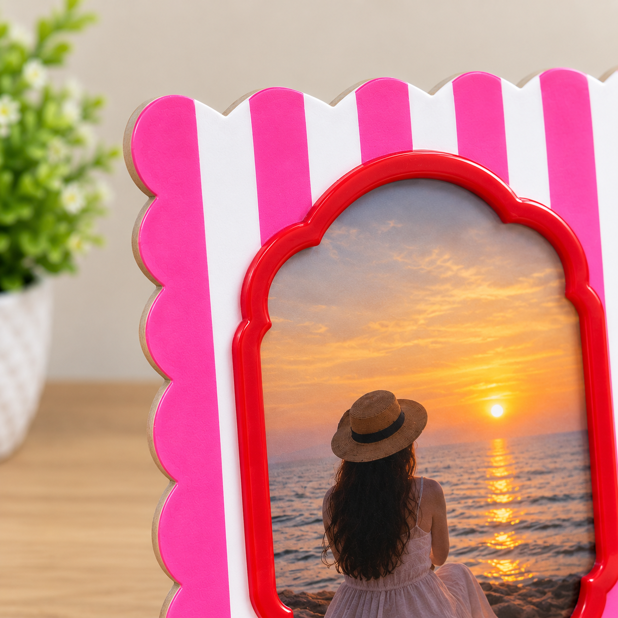 RB ARTISAN Pink White Stripe Scallop Resin Photo Frame RB ARTISAN handcrafted pink white stripe scallop edge resin photo frame red ornate aperture cute picture frame home decor made in India